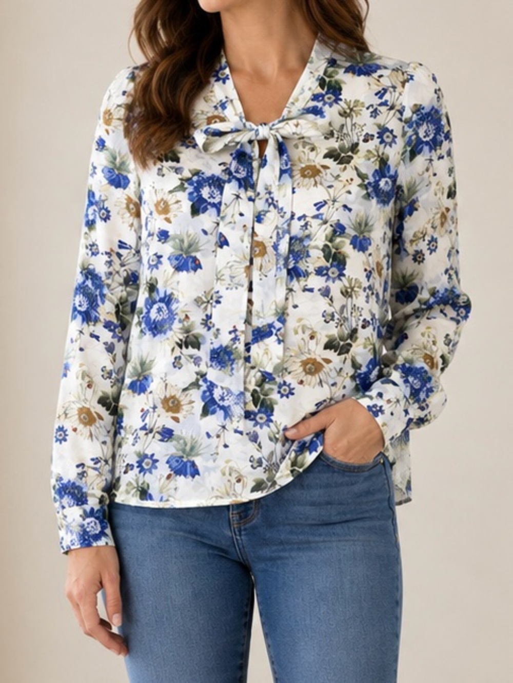 Rachel Roy Floral Tie-Neck Long Sleeve Bow Blouse – Size 12